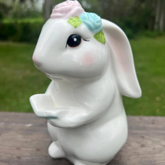 White Ceramic Easter Bunny Holding Bible Figurine Religious Holiday Decor - Picture 3 of 5